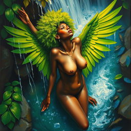 A polished, oil-based painting depicting a full nude body aerial view of a gorgeous black woman with a bright green tree afro, green macaw wings, beautiful breasts, and a big booty in a sensual pose while looking up