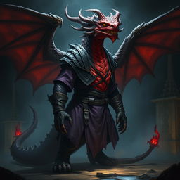 A strong draconian with Witcher powers, featuring red and black scales, dressed in a purple and black tunic