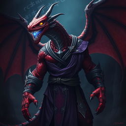 A strong draconian with Witcher powers, featuring red and black scales, dressed in a purple and black tunic