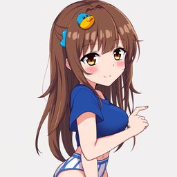 Anime-style illustration of a girl with loose brown hair, styled with a blue duck hair clip