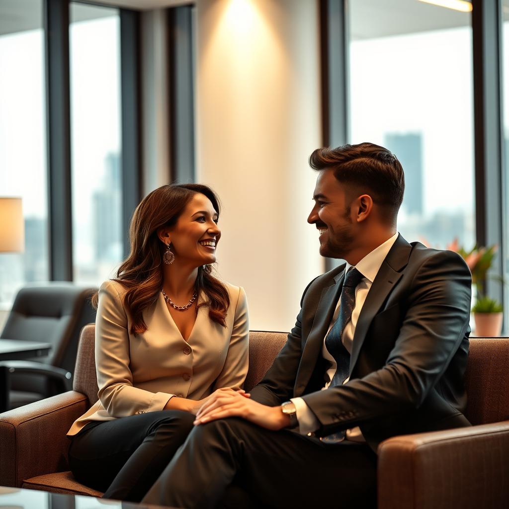 A romantic scene in an office setting where an elegant, confident female executive is sharing a gentle laugh with her charming, well-dressed male boss