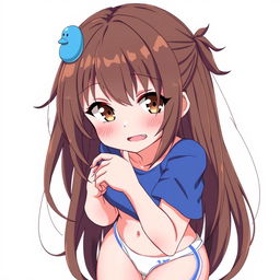 Anime-style illustration of a girl with loose brown hair, styled with a blue duck hair clip