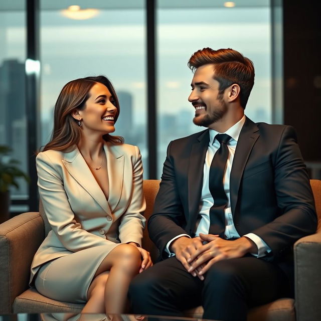 A romantic scene in an office setting where an elegant, confident female executive is sharing a gentle laugh with her charming, well-dressed male boss