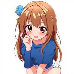 Anime-style illustration of a girl with loose brown hair, styled with a blue duck hair clip