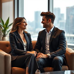 A romantic scene in an office setting where an elegant, confident female executive is sharing a gentle laugh with her charming, well-dressed male boss