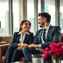 A romantic scene in an office setting where an elegant, confident female executive is sharing a gentle laugh with her charming, well-dressed male boss