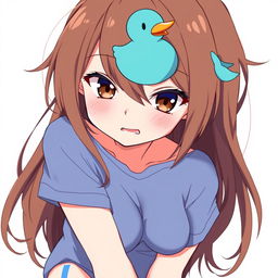 Anime-style illustration of a girl with loose brown hair, accented by a whimsical blue duck hair clip