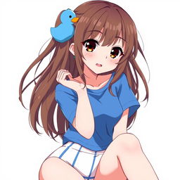 Anime-style illustration of a girl with loose brown hair, accented by a whimsical blue duck hair clip