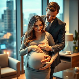 An intimate moment in an office setting where a confident, pregnant female executive is lovingly embraced by her charming, well-dressed male boss