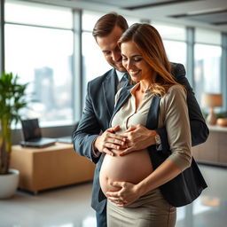 An intimate moment in an office setting where a confident, pregnant female executive is lovingly embraced by her charming, well-dressed male boss