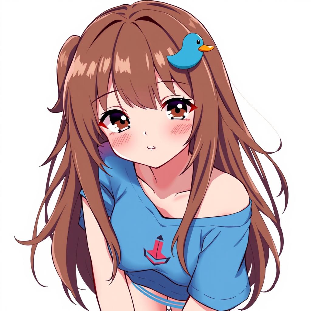 Anime-style illustration of a girl with loose brown hair adorned with a whimsical blue duck hair clip