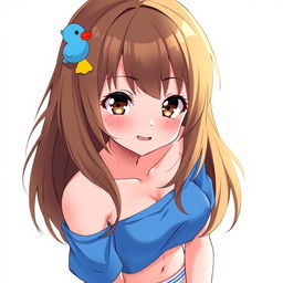 Anime-style illustration of a girl with loose brown hair adorned with a whimsical blue duck hair clip