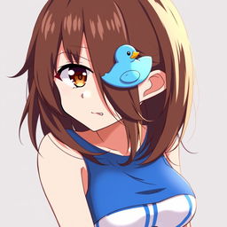 Anime-style illustration of a girl with loose brown hair adorned with a whimsical blue duck hair clip