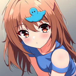 Anime-style illustration of a girl with loose brown hair adorned with a whimsical blue duck hair clip