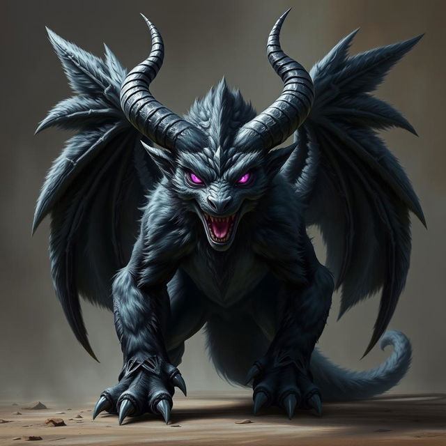 A large, powerful and mystical anthropomorphic creature with black wings and prominent horns, featuring striking purple eyes that highlight its fierce nature