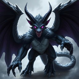 A large, powerful and mystical anthropomorphic creature with black wings and prominent horns, featuring striking purple eyes that highlight its fierce nature