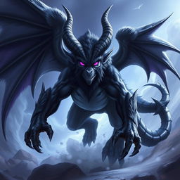 A large, powerful and mystical anthropomorphic creature with black wings and prominent horns, featuring striking purple eyes that highlight its fierce nature