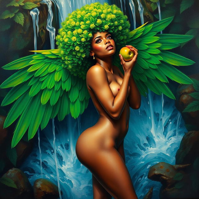 A polished, oil-based painting depicting a full nude body aerial view of a gorgeous black woman with a bright green tree afro, green macaw wings, beautiful breasts, and a big booty in a sensual pose