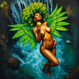 A polished, oil-based painting depicting a full nude body aerial view of a gorgeous black woman with a bright green tree afro, green macaw wings, beautiful breasts, and a big booty in a sensual pose