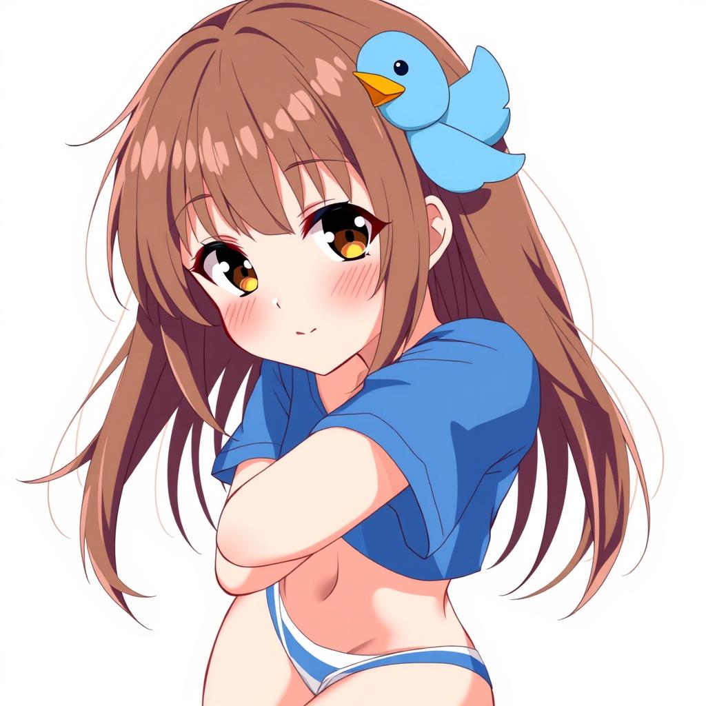 Anime-style illustration of a girl with loose brown hair, a whimsical blue duck hair clip, and expressive brown eyes with slightly protruding fangs for a playful touch