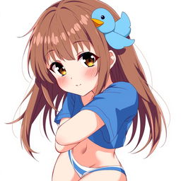 Anime-style illustration of a girl with loose brown hair, a whimsical blue duck hair clip, and expressive brown eyes with slightly protruding fangs for a playful touch