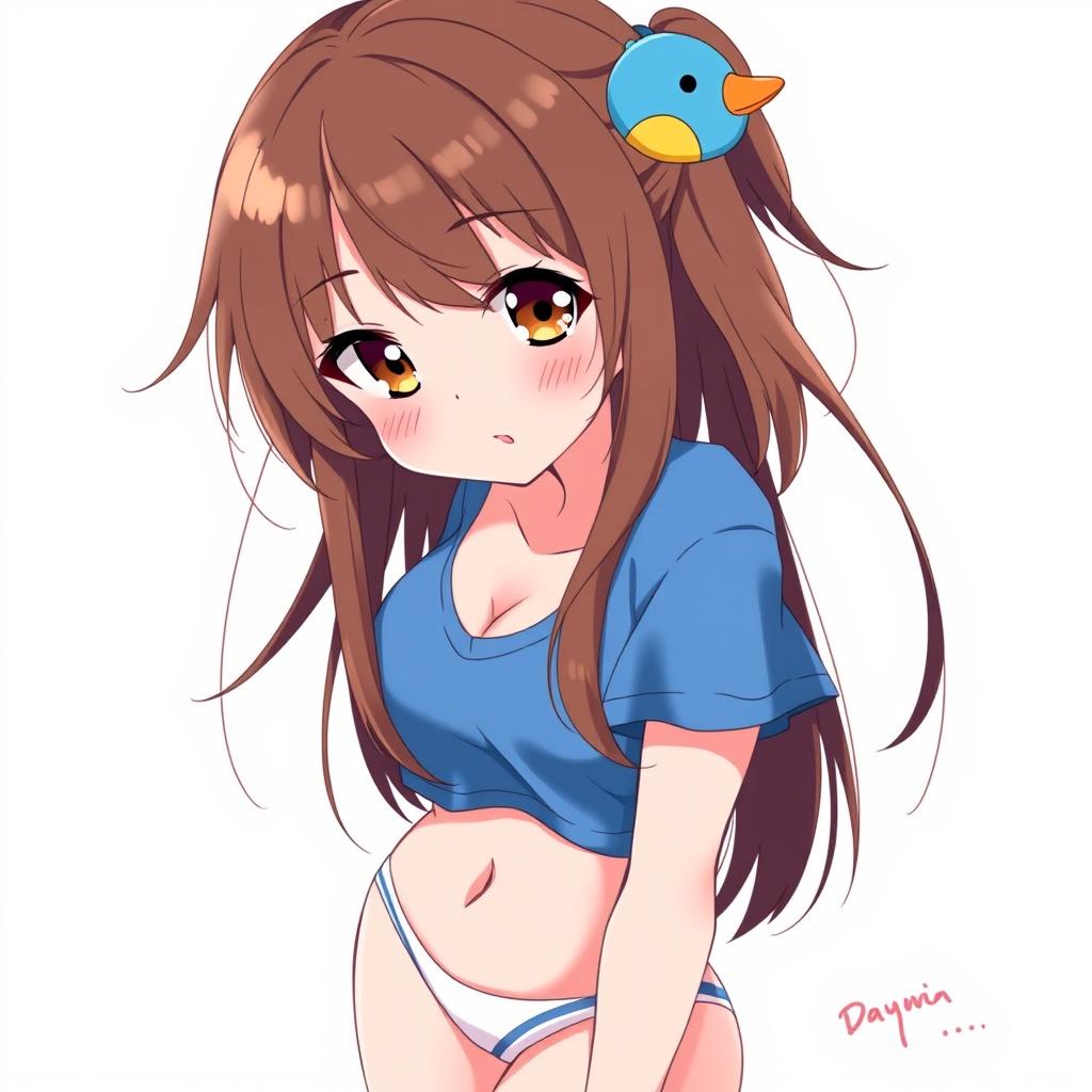 Anime-style illustration of a girl with loose brown hair, a whimsical blue duck hair clip, and expressive brown eyes with slightly protruding fangs for a playful touch