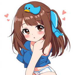 Anime-style illustration of a girl with loose brown hair, a whimsical blue duck hair clip, and expressive brown eyes with slightly protruding fangs for a playful touch