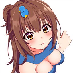 Anime-style illustration of a girl with loose brown hair, a whimsical blue duck hair clip, and expressive brown eyes with slightly protruding fangs for a playful touch