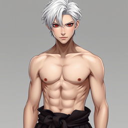 A young man with striking red eyes and black sclera, exuding an enigmatic aura