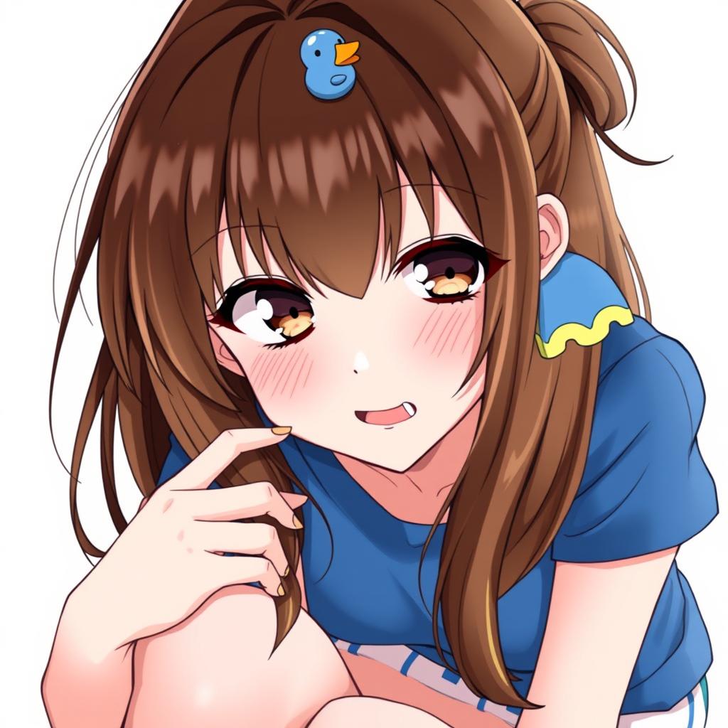 Anime-style illustration of a girl with loose brown hair, accented with a whimsical blue duck hair clip