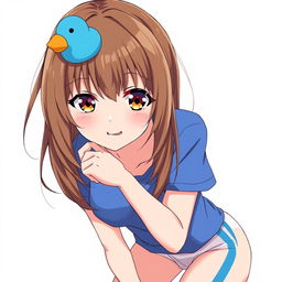 Anime-style illustration of a girl with loose brown hair, accented with a whimsical blue duck hair clip