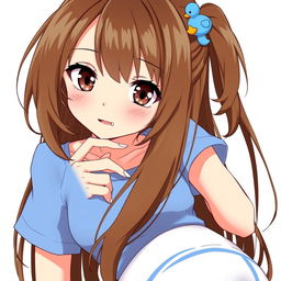 Anime-style illustration of a girl with loose brown hair, accented with a whimsical blue duck hair clip