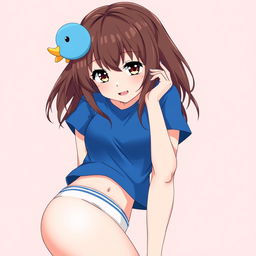 Anime-style illustration of a girl with loose brown hair, accented with a whimsical blue duck hair clip