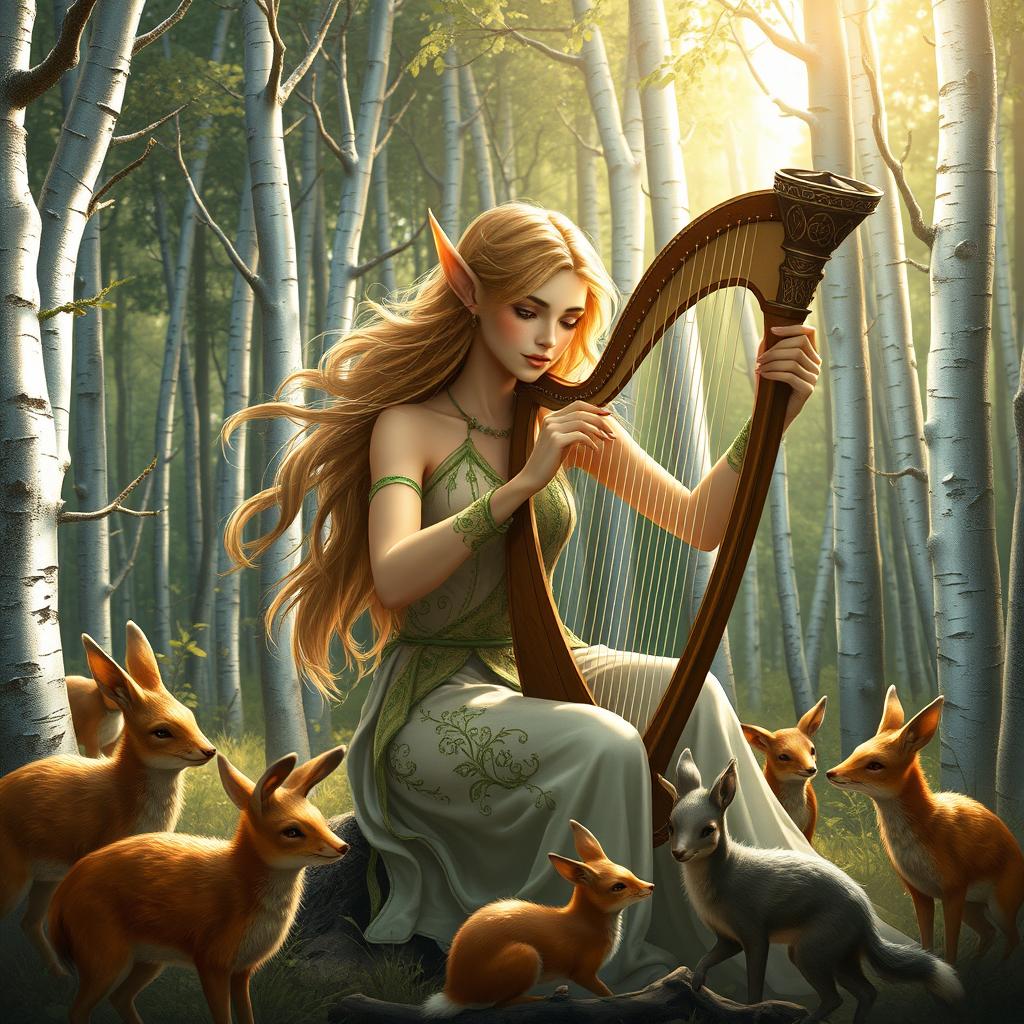 A very beautiful wood elf bard, gracefully playing the harp in a forest with silver trees