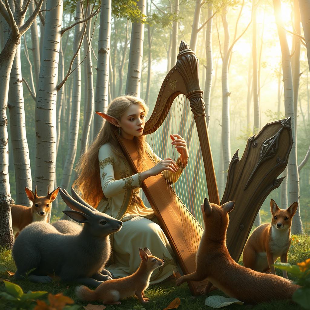 A very beautiful wood elf bard, gracefully playing the harp in a forest with silver trees