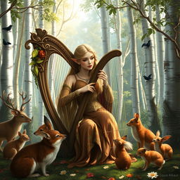 A very beautiful wood elf bard, gracefully playing the harp in a forest with silver trees