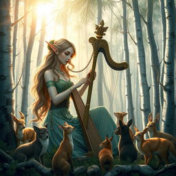 A very beautiful wood elf bard, gracefully playing the harp in a forest with silver trees