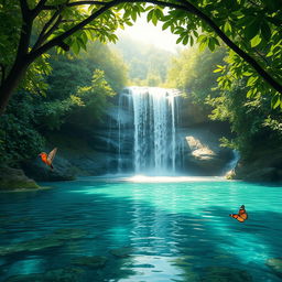 A picturesque view of a tranquil waterfall cascading down into a crystal-clear pool surrounded by lush green foliage, with soft sunlight filtering through the trees, creating a serene and peaceful atmosphere