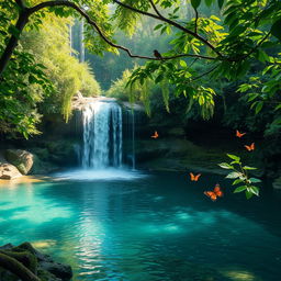 A picturesque view of a tranquil waterfall cascading down into a crystal-clear pool surrounded by lush green foliage, with soft sunlight filtering through the trees, creating a serene and peaceful atmosphere