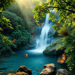 A picturesque view of a tranquil waterfall cascading down into a crystal-clear pool surrounded by lush green foliage, with soft sunlight filtering through the trees, creating a serene and peaceful atmosphere