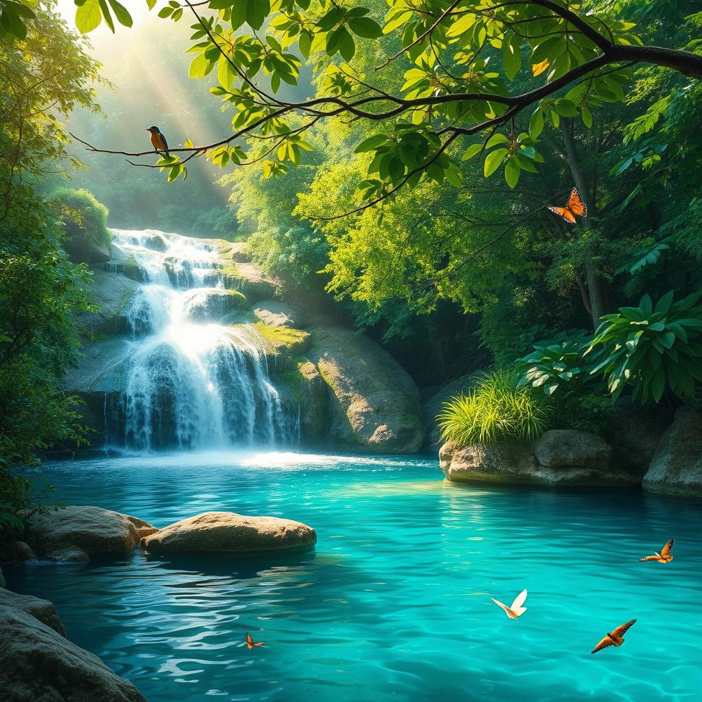 A picturesque view of a tranquil waterfall cascading down into a crystal-clear pool surrounded by lush green foliage, with soft sunlight filtering through the trees, creating a serene and peaceful atmosphere