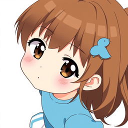 Anime-style illustration of a girl with brown loose hair and a blue duck hair clip