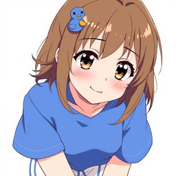 Anime-style illustration of a girl with brown loose hair and a blue duck hair clip