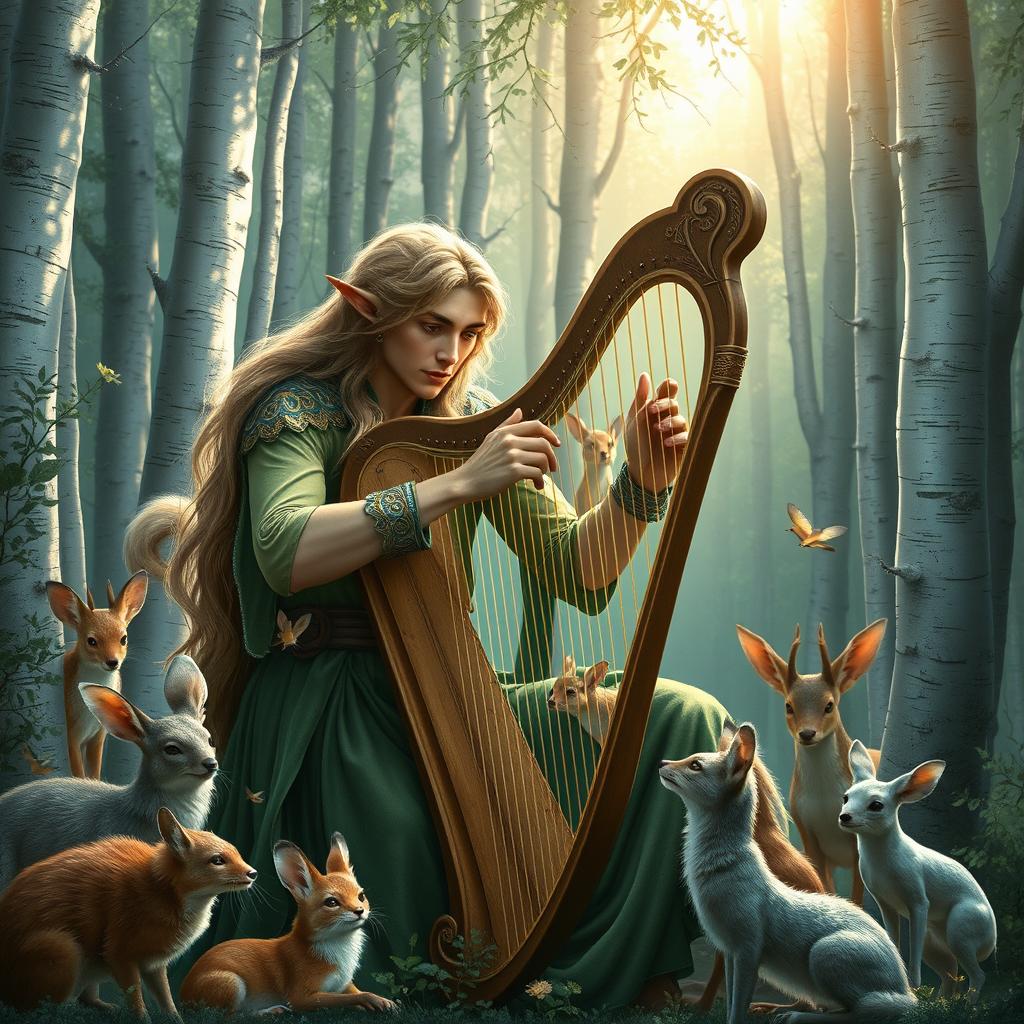 A very beautiful wood elf man bard, gracefully playing the harp in a forest with silver trees