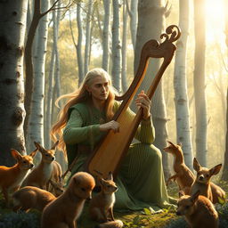 A very beautiful wood elf man bard, gracefully playing the harp in a forest with silver trees