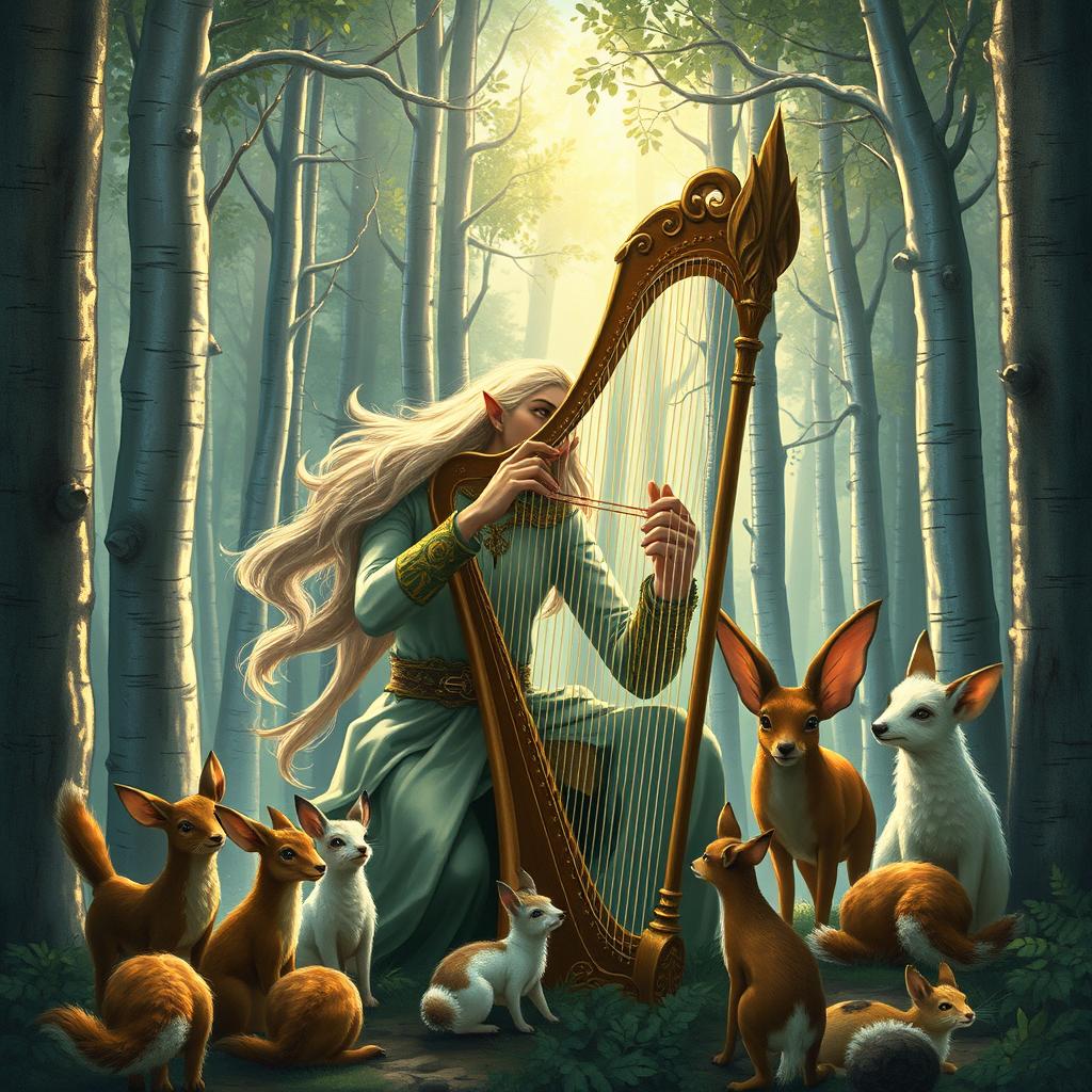 A very beautiful wood elf man bard, gracefully playing the harp in a forest with silver trees