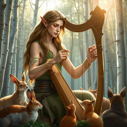 A very beautiful wood elf man bard, gracefully playing the harp in a forest with silver trees