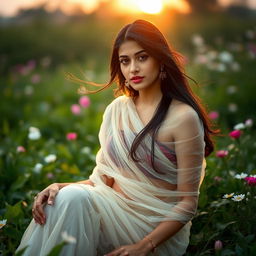 A beautiful Indian woman sitting elegantly in a serene natural landscape, such as a lush green garden with blooming flowers