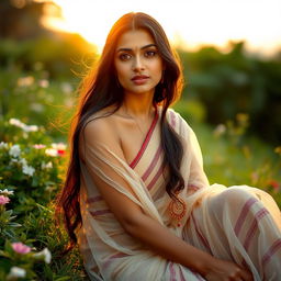 A beautiful Indian woman sitting elegantly in a serene natural landscape, such as a lush green garden with blooming flowers