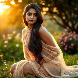 A beautiful Indian woman sitting elegantly in a serene natural landscape, such as a lush green garden with blooming flowers